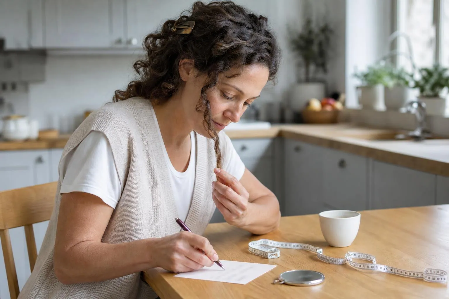 Femme d’une quarantaine d’années écrivant à la main une fiche de brief coiffure sur une table de cuisine