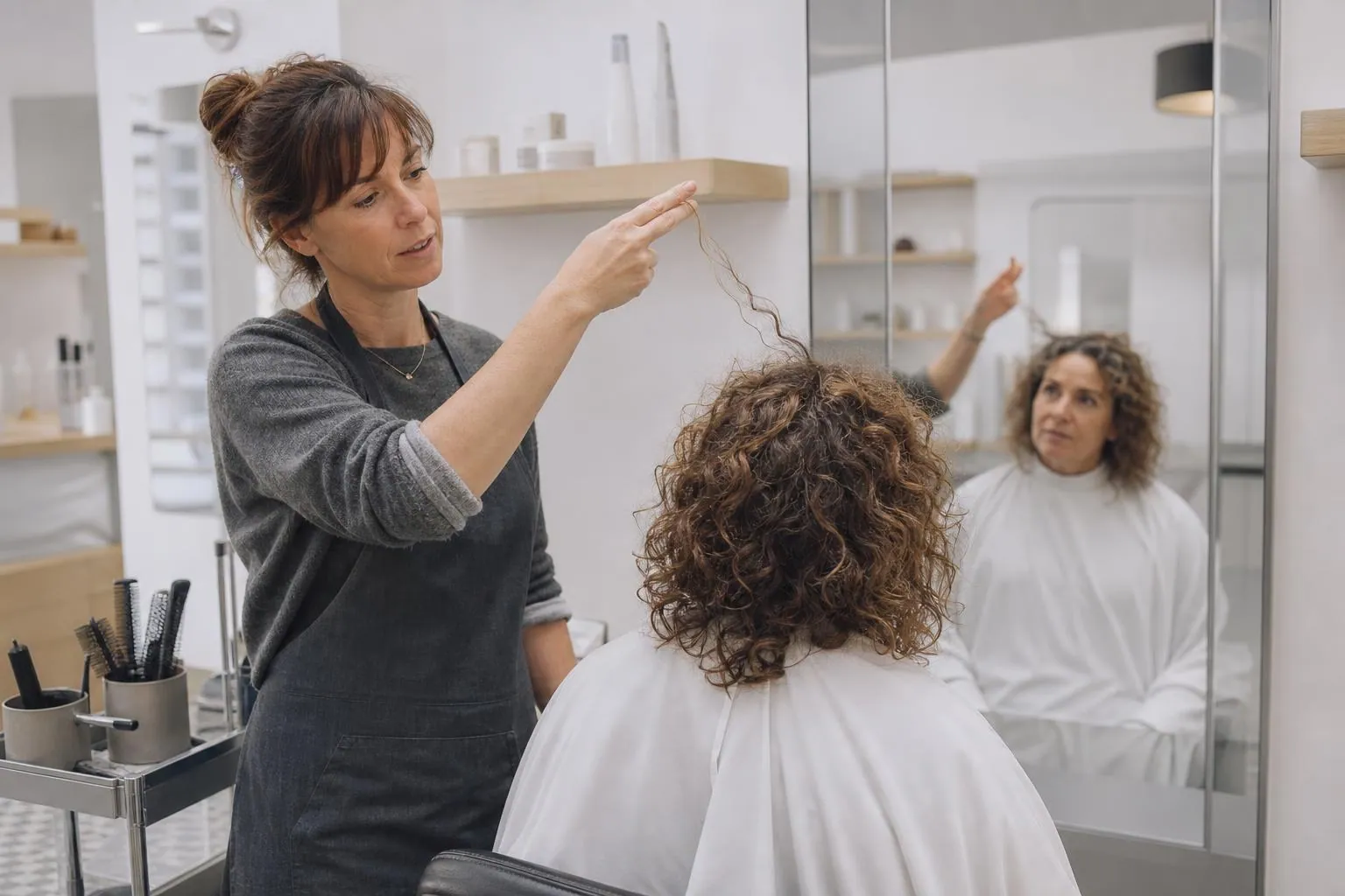 Coiffeuse montrant à une cliente une boucle sèche isolée entre ses doigts devant un miroir de salon