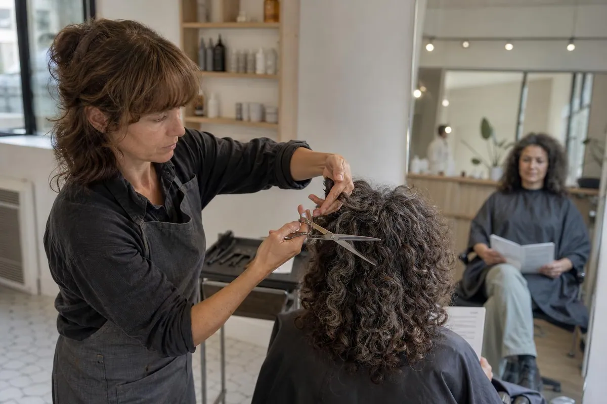 Coiffeuse coupant une boucle sur cheveux secs dans un salon clair, une seconde cliente assise au fond lit une feuille imprimee